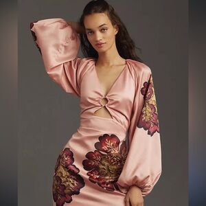 Anthropologie Significant Other Long-sleeve V-neck Cutout Printed Mini Dress